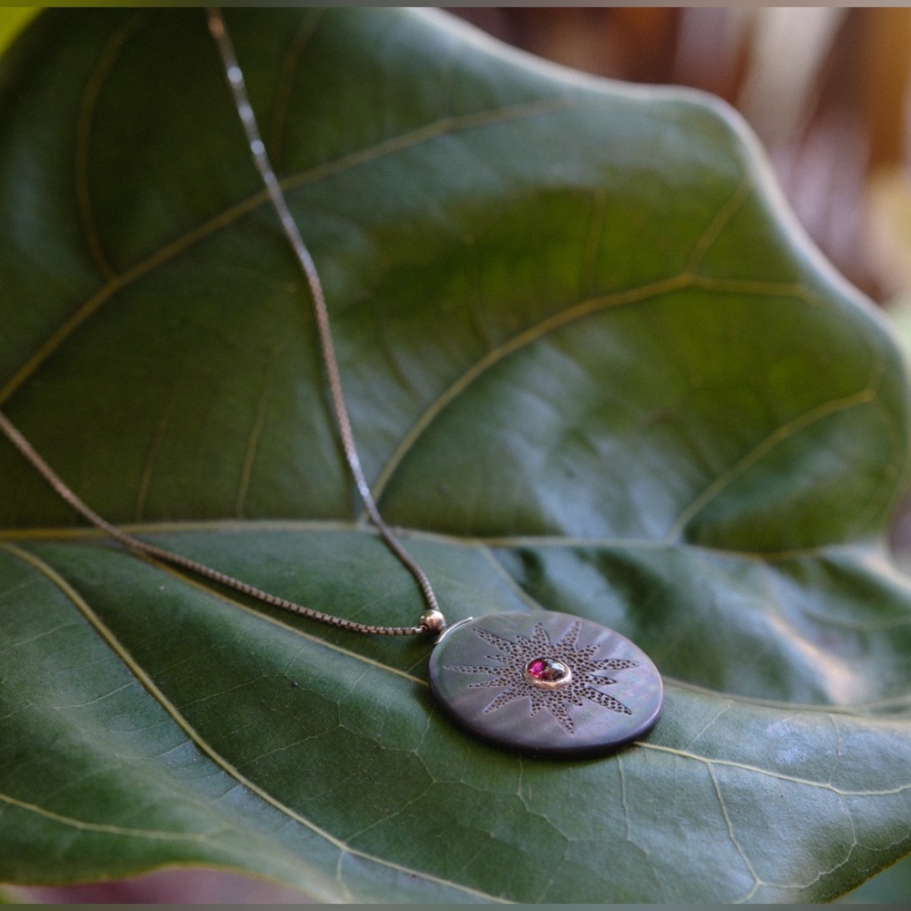 Sterling Silver Mother of Pearl Sun Necklace with Natural Brazilian Garnet